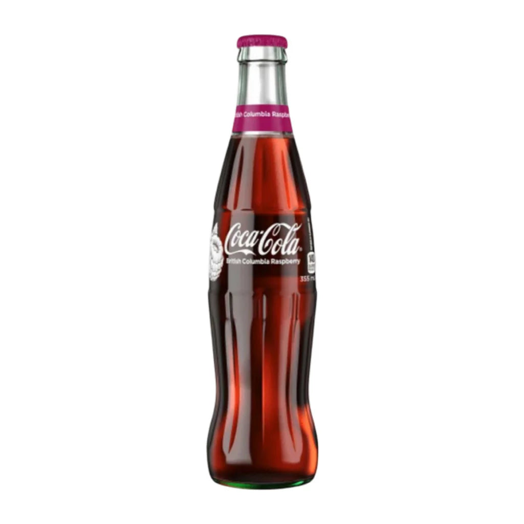 Coca-Cola British Columbia Framboise - Bouteille verre 355ml, saveur fruitée rare venue du Canada, goût framboise subtil et rafraîchissant.