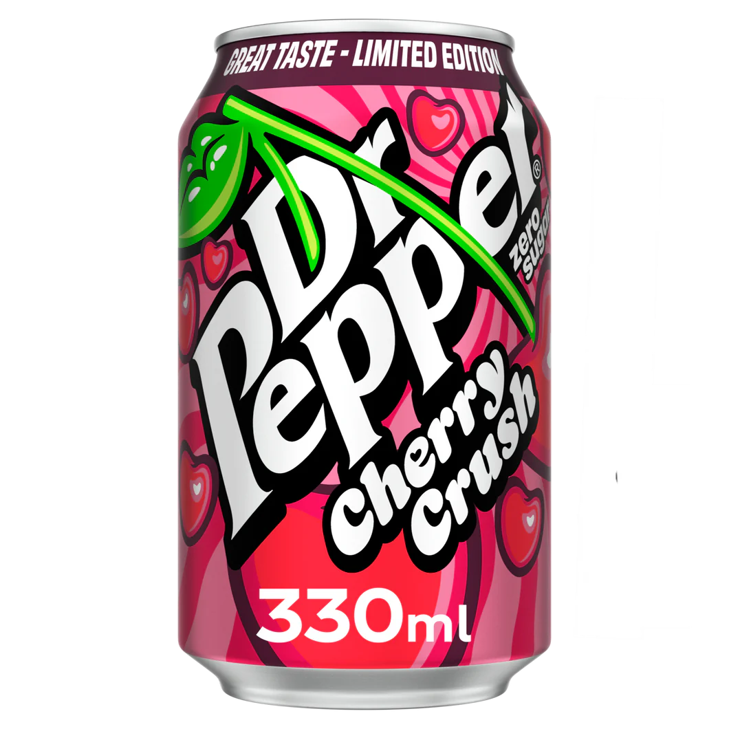 Dr Pepper Cherry Crush Zero 330ml - Soda à la cerise sans sucre, goût intense, boisson gazeuse rare en canette.