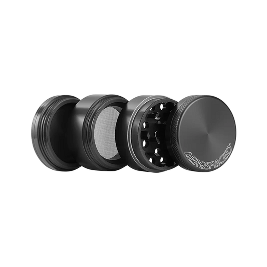 Grinder en aluminium noir Aerospaced By HS 63mm, 4 pièces avec tamis et récupérateur de pollen. Haute qualité pour une mouture parfaite.
