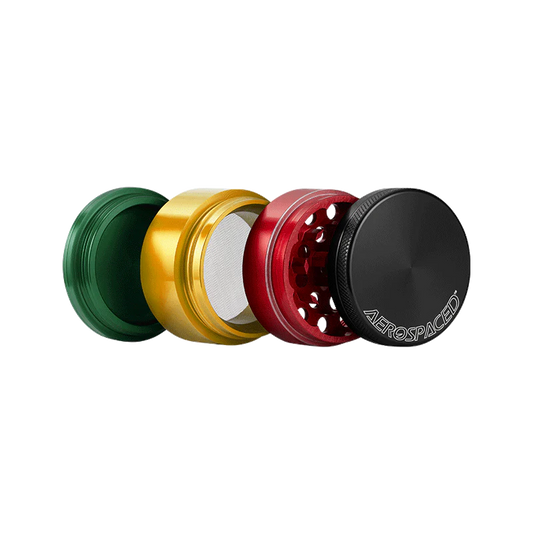 Grinder en aluminium rasta ouvert Aerospaced By HS 50mm, 4 pièces avec tamis et récupérateur de pollen. Haute qualité pour une mouture homogène.