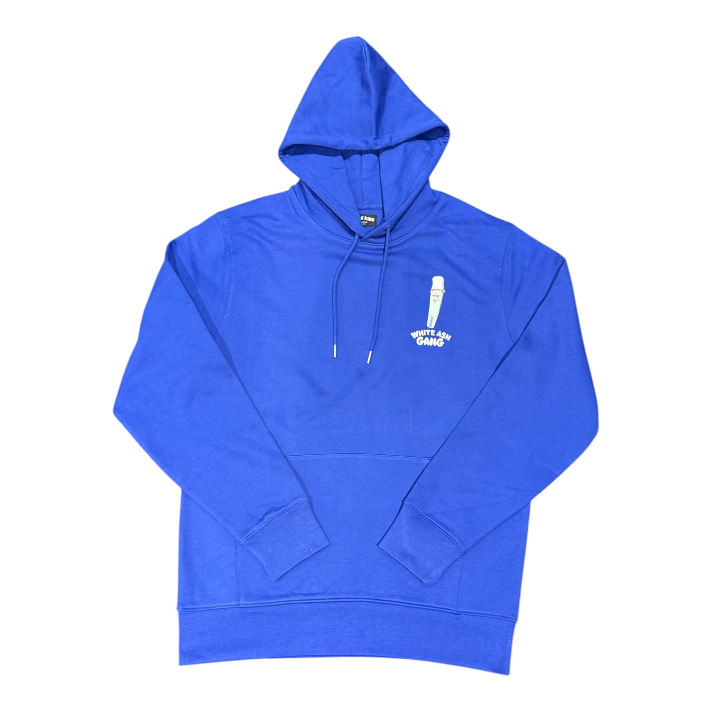 Hoodie Magic King White Ash Gang bleu avec logo joint sur le devant et marquage "White Ash Gang" dans le dos. Coupe urbaine, coton premium. Design face.
