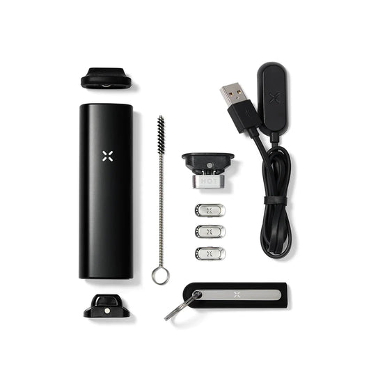 PAX Plus Vaporisateur Onyx - Kit complet avec accessoires en détails, chauffe intelligente pour fleurs et concentrés, design compact et premium.