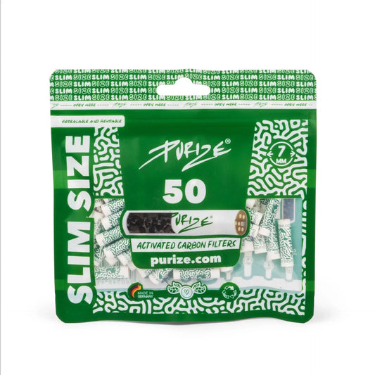 Purize Filtres Super Slim 7mm x50 - Filtres au charbon actif, tirage fluide, filtration naturelle, fabriqués en Allemagne.