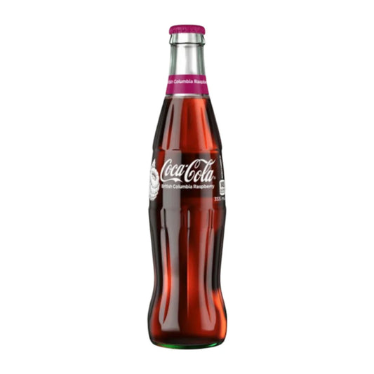 Coca-Cola British Columbia Framboise - Bouteille verre 355ml, saveur fruitée rare venue du Canada, goût framboise subtil et rafraîchissant.