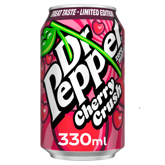 Dr Pepper Cherry Crush Zero 330ml - Soda à la cerise sans sucre, goût intense, boisson gazeuse rare en canette.