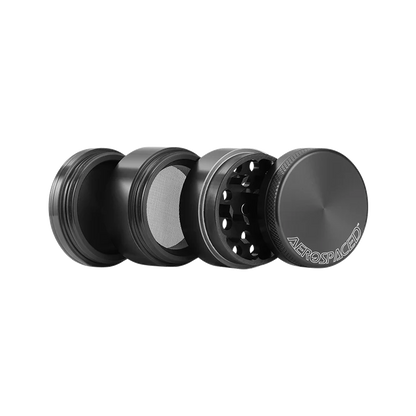 Grinder en aluminium noir Aerospaced By HS 63mm, 4 pièces avec tamis et récupérateur de pollen. Haute qualité pour une mouture parfaite.