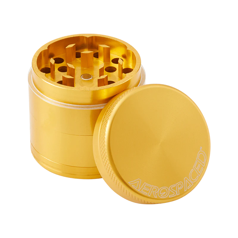 Grinder en aluminium or Aerospaced By HS 40mm, 4 pièces avec tamis et récupérateur de pollen. Qualité premium pour une mouture parfaite.