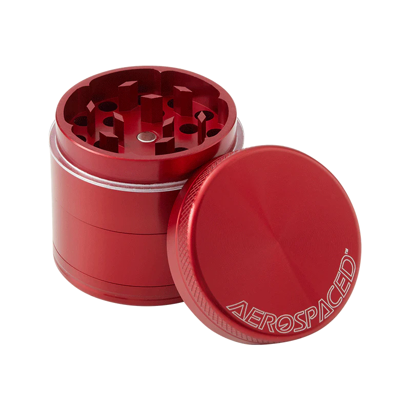 Grinder en aluminium rouge Aerospaced By HS 40mm, 4 pièces avec tamis et récupérateur de pollen. Qualité premium pour une mouture parfaite.