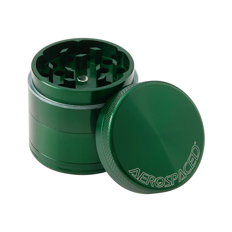 Grinder en aluminium vert Aerospaced By HS 40mm, 4 pièces avec tamis et récupérateur de pollen. Qualité premium pour une mouture parfaite.