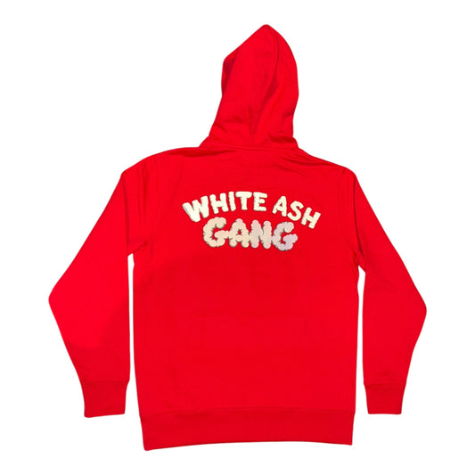 Hoodie Magic King White Ash Gang rouge avec logo joint sur le devant et marquage "White Ash Gang" dans le dos. Coupe urbaine, coton premium. Logo dos.