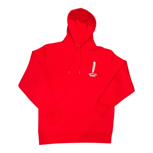 Hoodie Magic King White Ash Gang rouge avec logo joint sur le devant et marquage "White Ash Gang" dans le dos. Coupe urbaine, coton premium. Logo face.