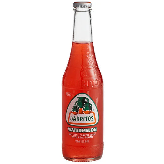 Jarritos Watermelon 370ml - Soda mexicain à la pastèque en bouteille de verre, saveur fruitée et désaltérante.